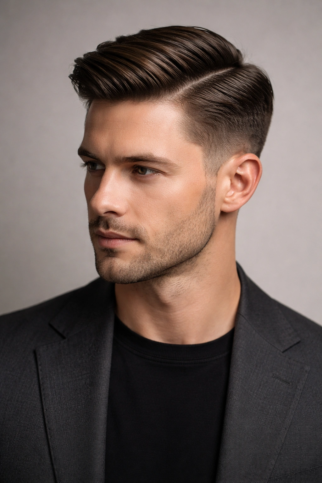Close-up of a man with a diagonal side-swept fade hairstyle and tapered sides.