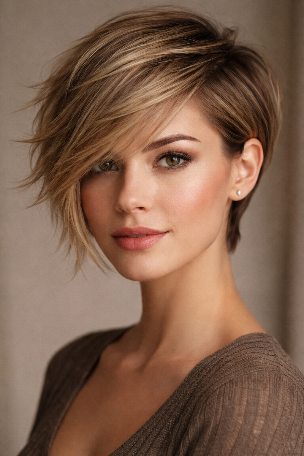 Portrait of a model with a side-swept feathered cut and asymmetrical length.