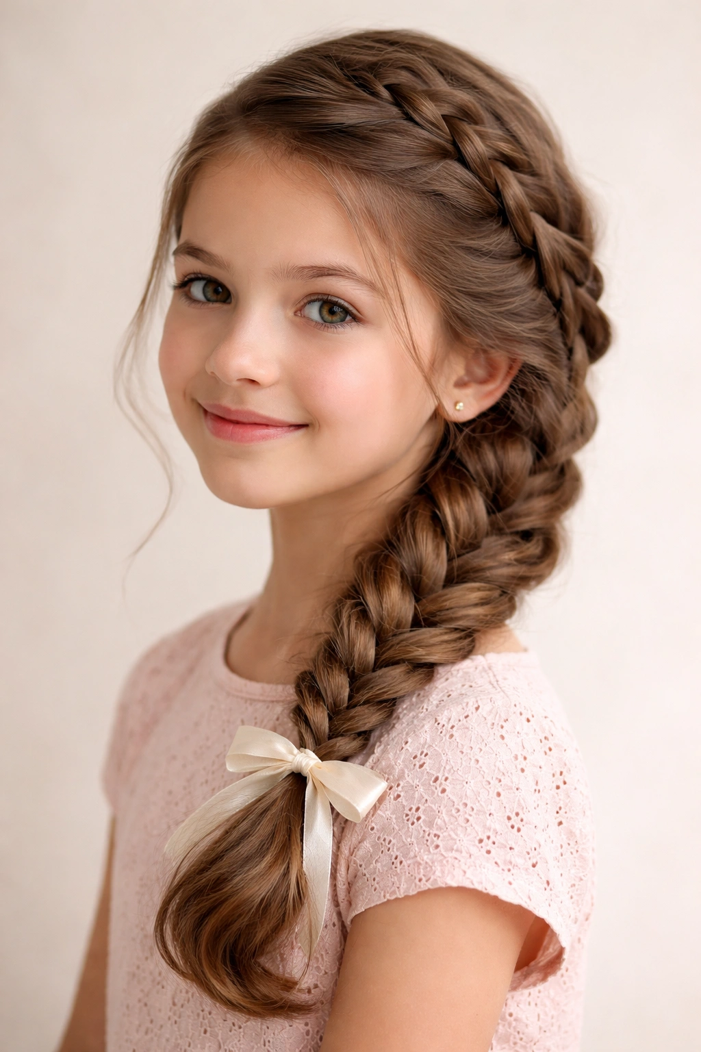 Close-up of a side-swept French braid with a subtle ribbon accent