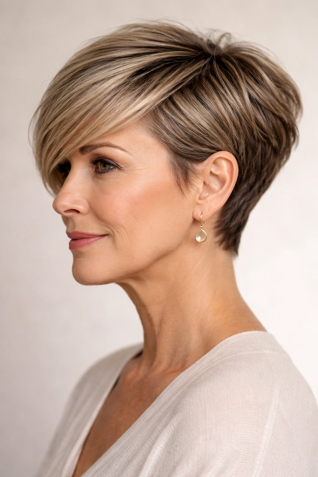 Profile shot of side-swept short hairstyle with long fringe