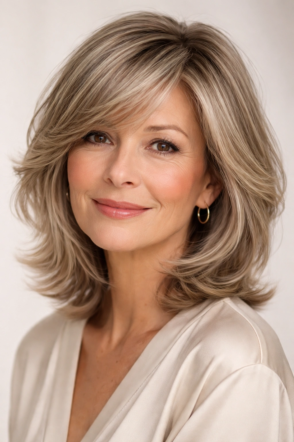 Portrait of a woman with side-swept fringe framing her face