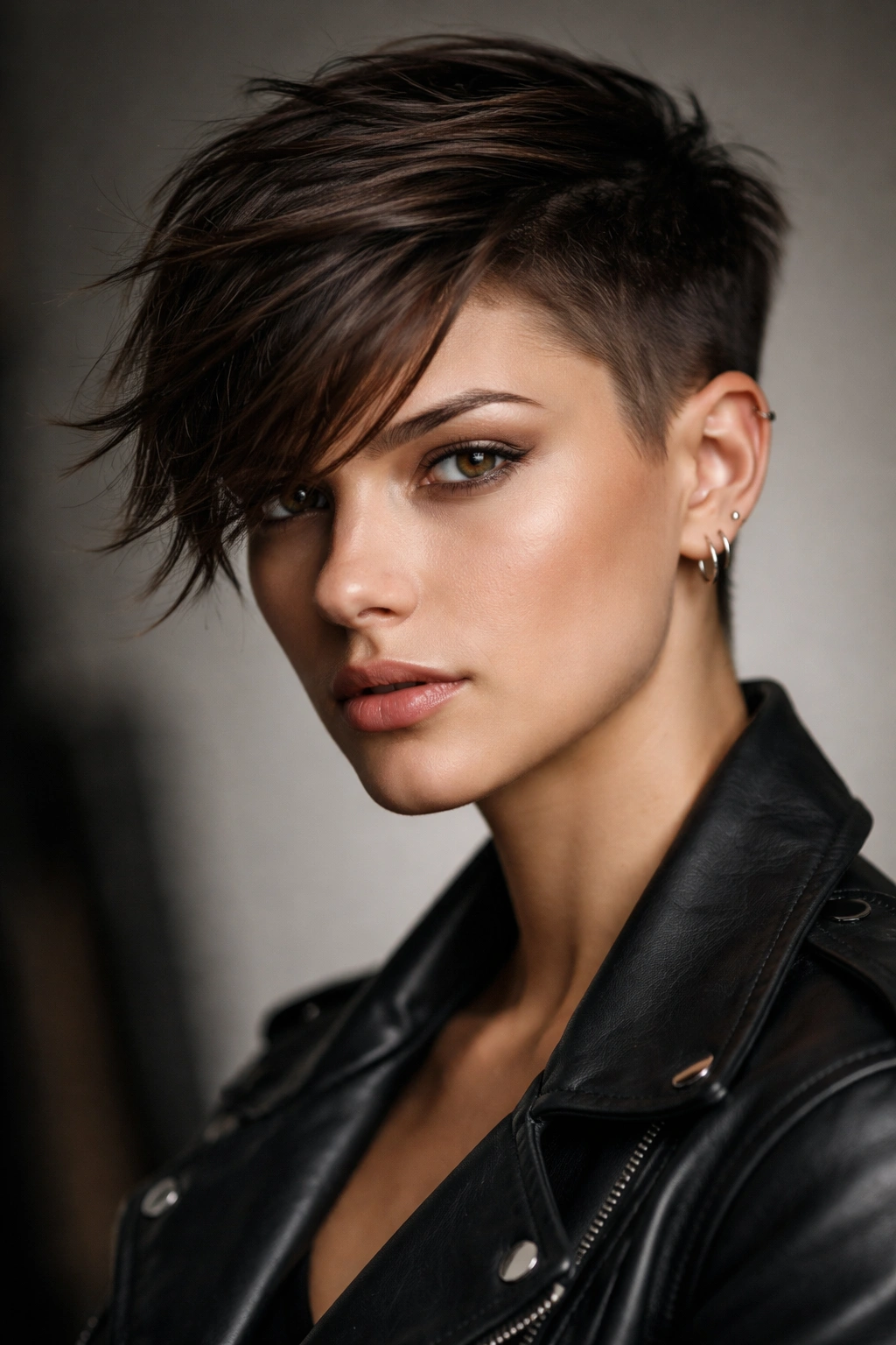Portrait showing side-swept fringe with a longer front that sweeps to one side
