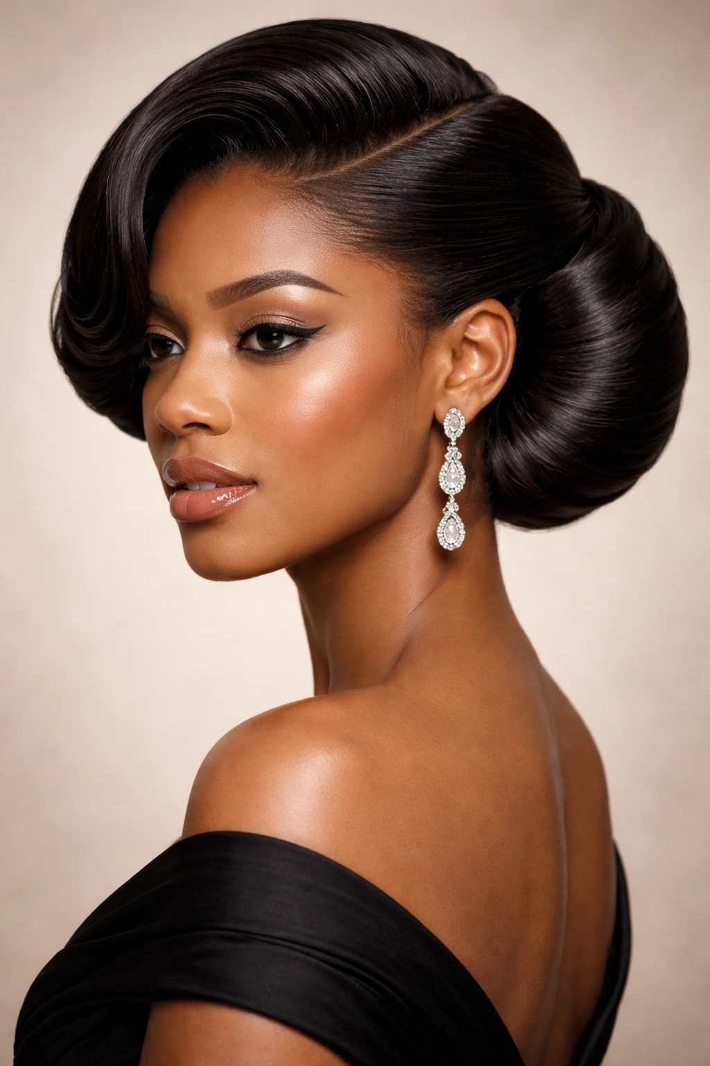 Profile view of a side-swept glamour roll highlighting the asymmetrical roll