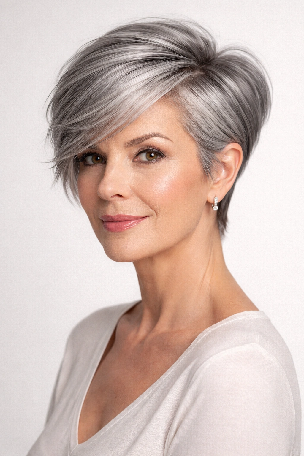 Portrait of a person with a side-swept gray pixie showing crown volume