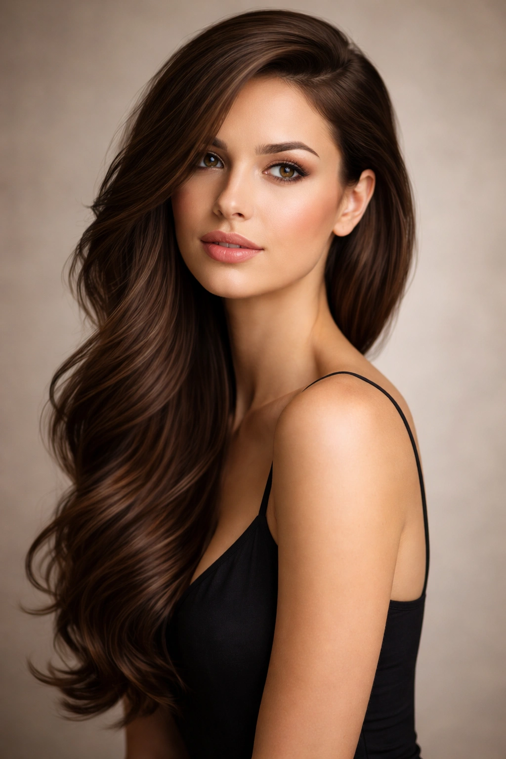 Hair swept to one side, creating an elegant side profile