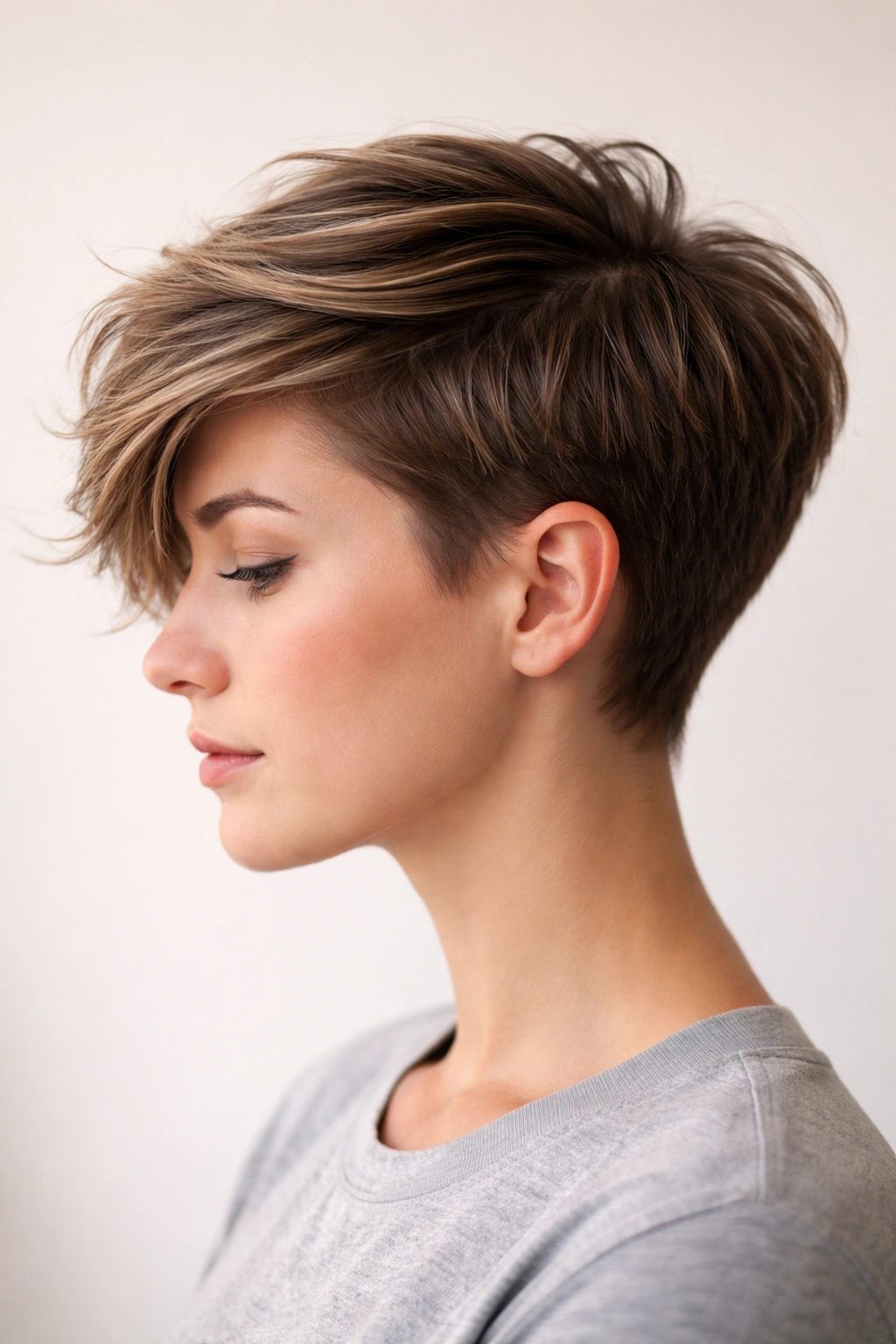 Profile view of side-swept short cut with texture