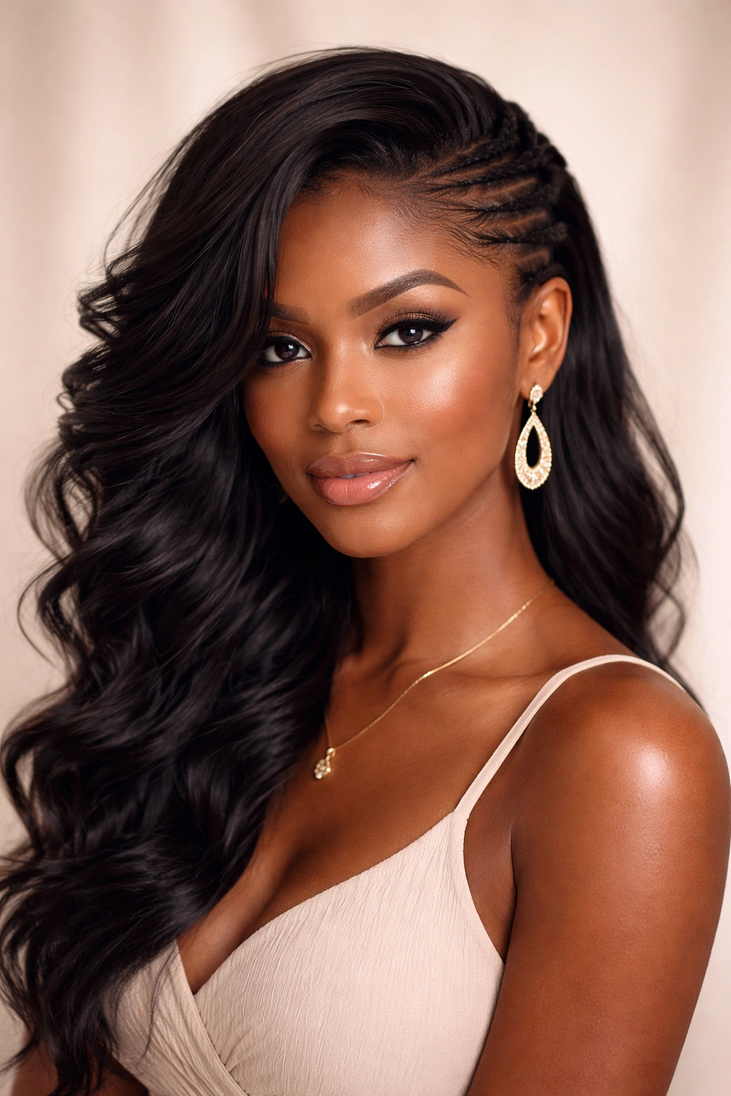 Side-swept hairstyle with dramatic diagonal sweep.
