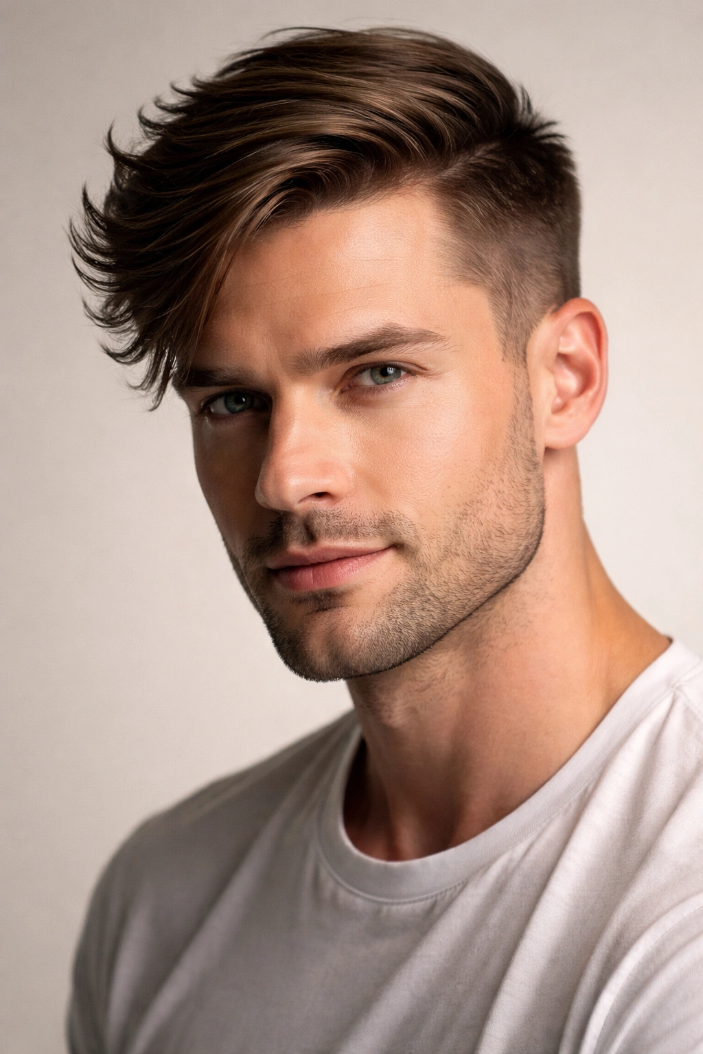 Portrait of a person with side-swept hair balancing the forehead