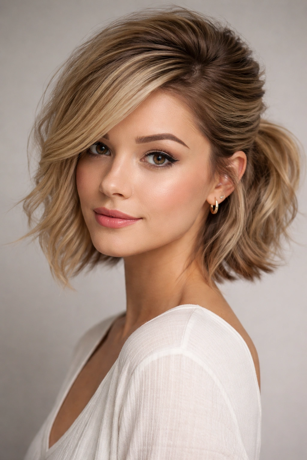 Close-up of a short-haired model with a voluminous side-swept half-up hairstyle