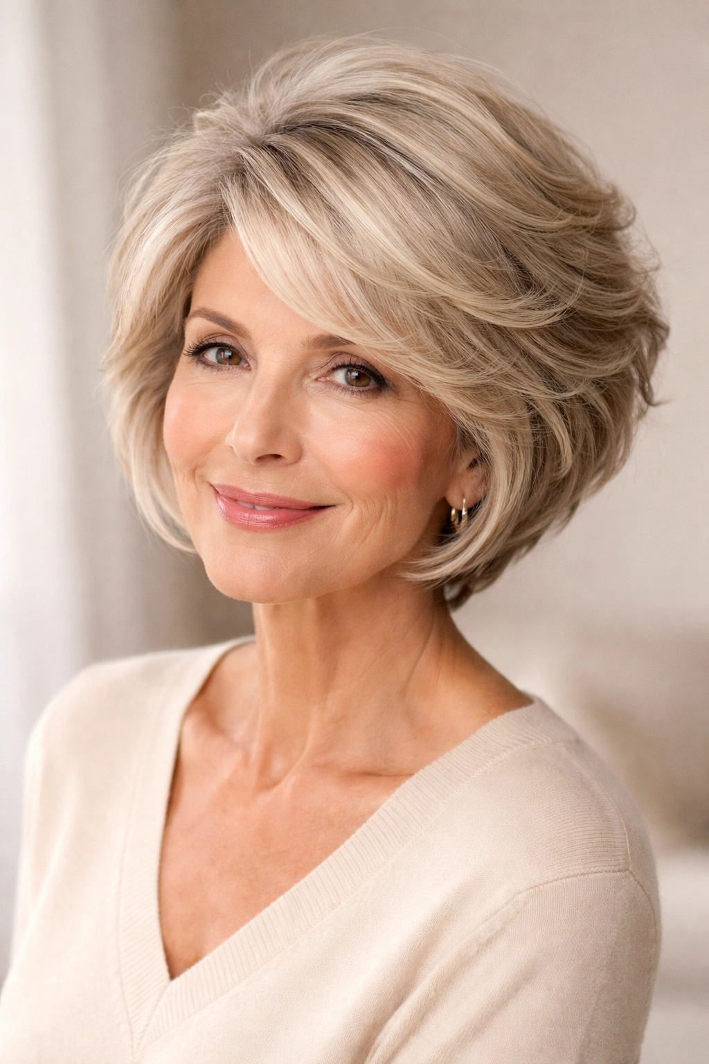 Mature woman with side-swept layered bob showing lift and dimension