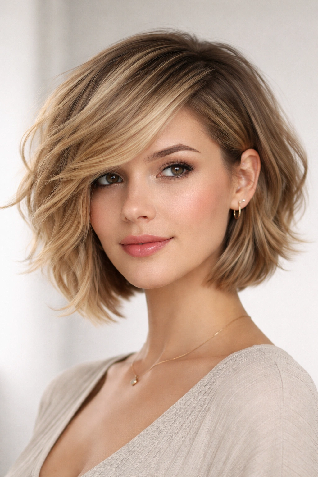 Portrait of side-swept layered bob on fine, wavy hair showing asymmetry
