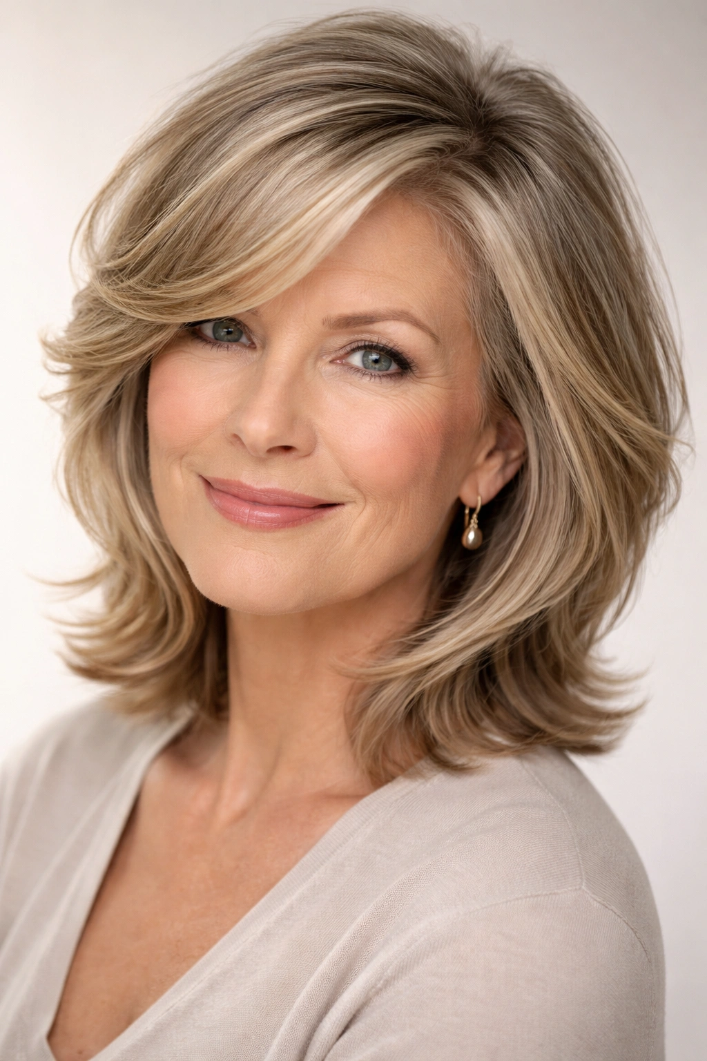 Three-quarter portrait of a woman with a deep side part and side-swept layered haircut.