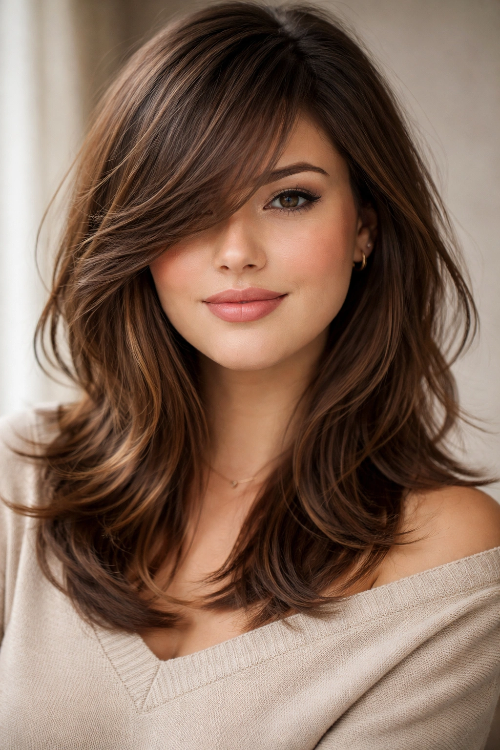 12 Haircuts For Round Faces And Double Chins 11 Side-swept layers with diagonal bangs creating asymmetry