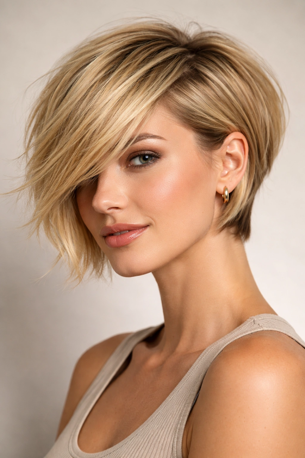 Blonde model with side-swept layered cut showing asymmetry and movement.