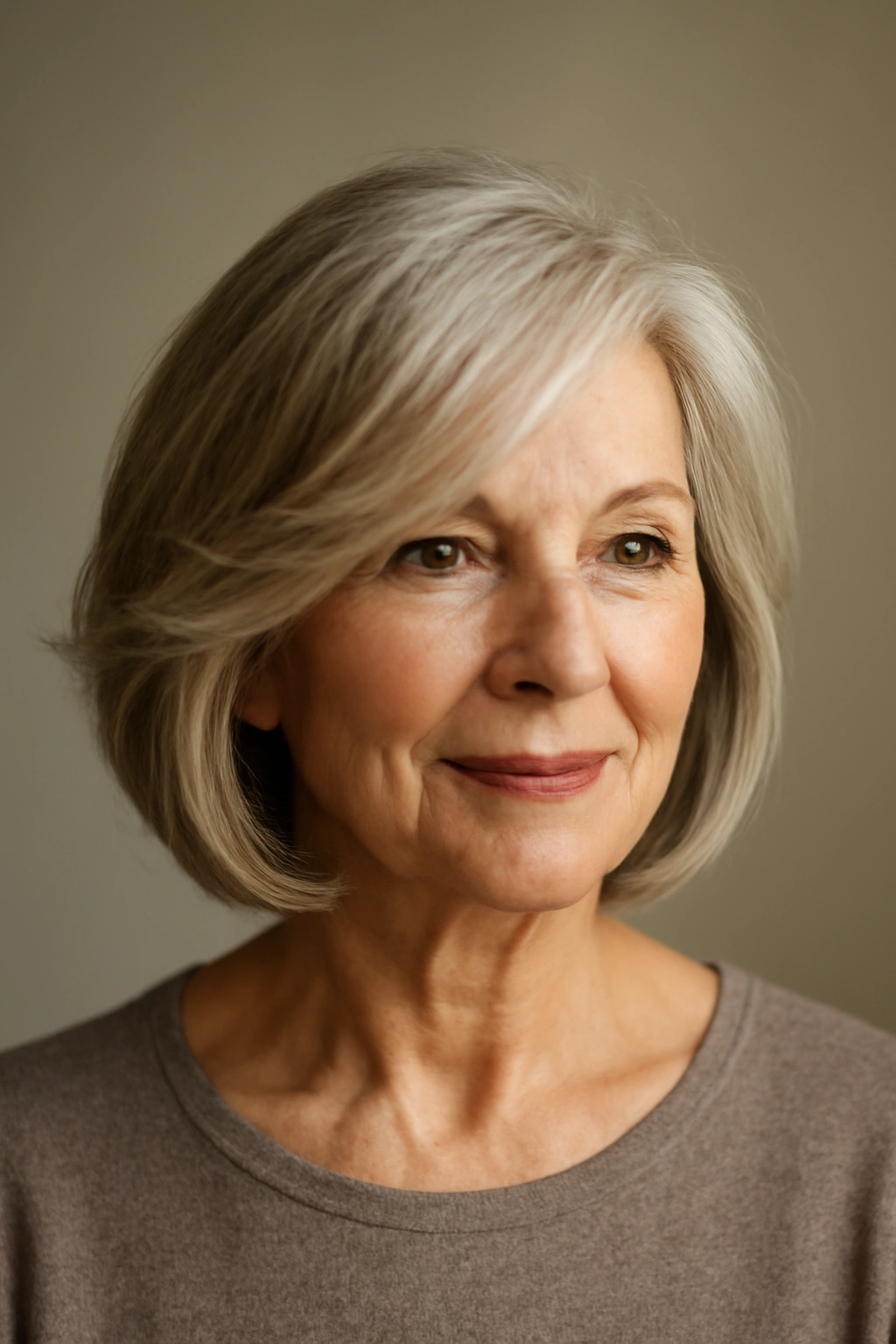 15 Youthful Hairstyles For Women Over 60 6 Portrait highlighting side-swept layered hairstyle with diagonal fall