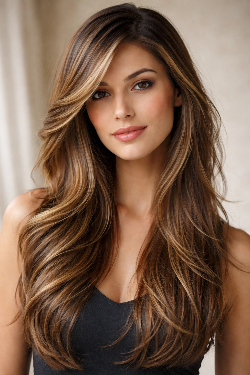 15 Flattering Hairstyles For Long Oval Faces 3 Side-swept layered hairstyle on a model with asymmetrical layers
