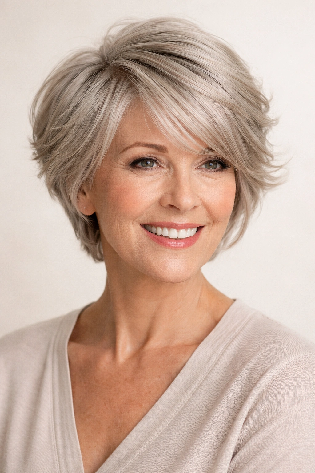 Side-swept layered haircut adding volume to thinning hair