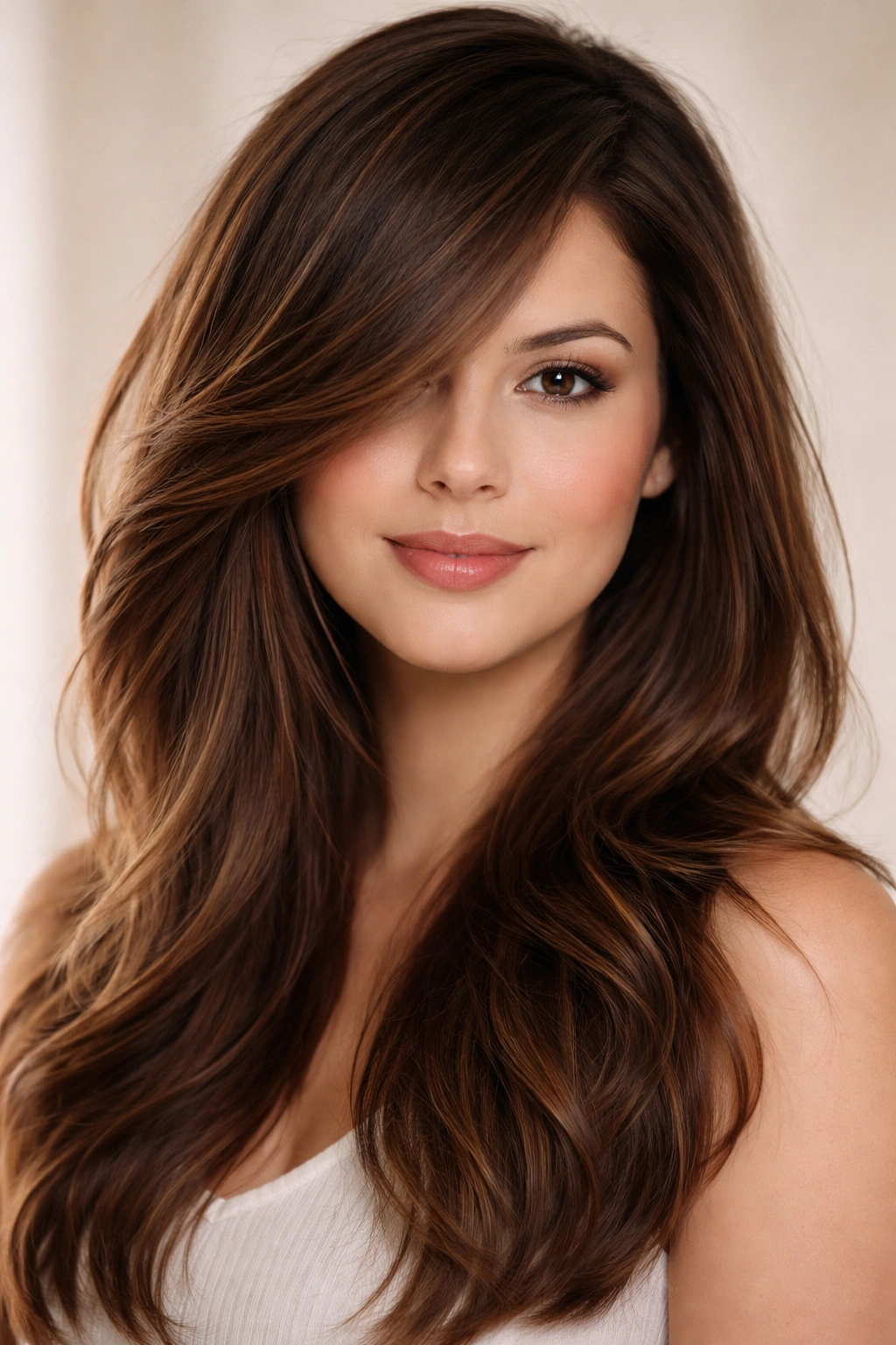 Close-up of side-swept long layered hairstyle with a deep side part.