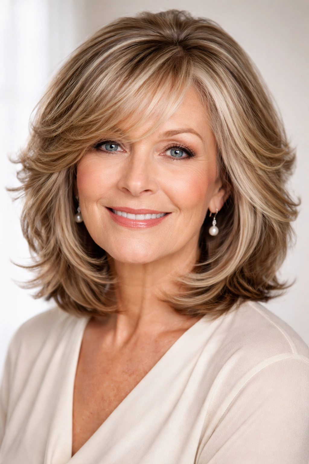 Side-swept layers with highlights and lowlights for face-framing dimension.
