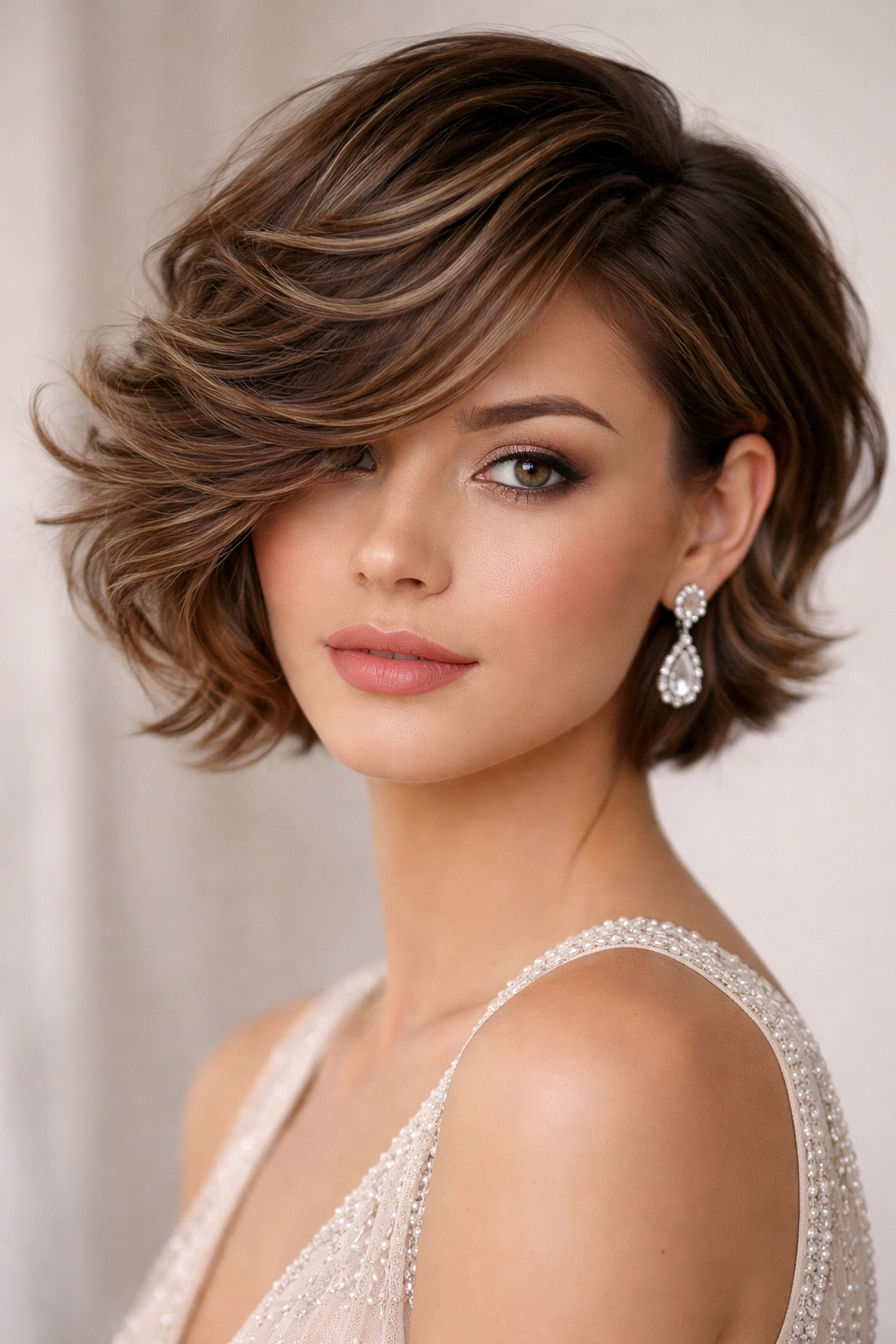 Side-swept layered short hair with defined movement.