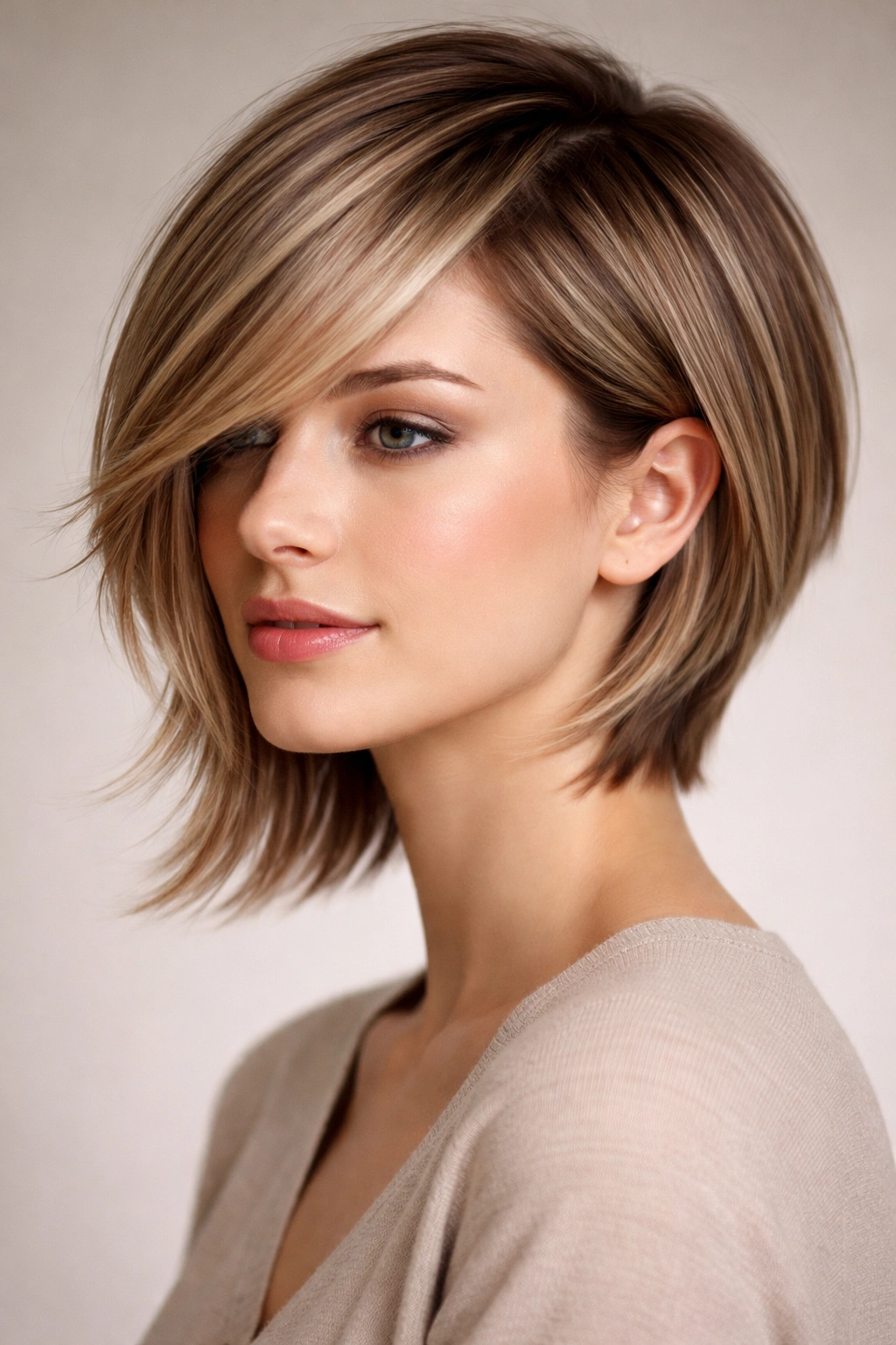 Side-swept layered haircut with front length and back shorter on straight hair