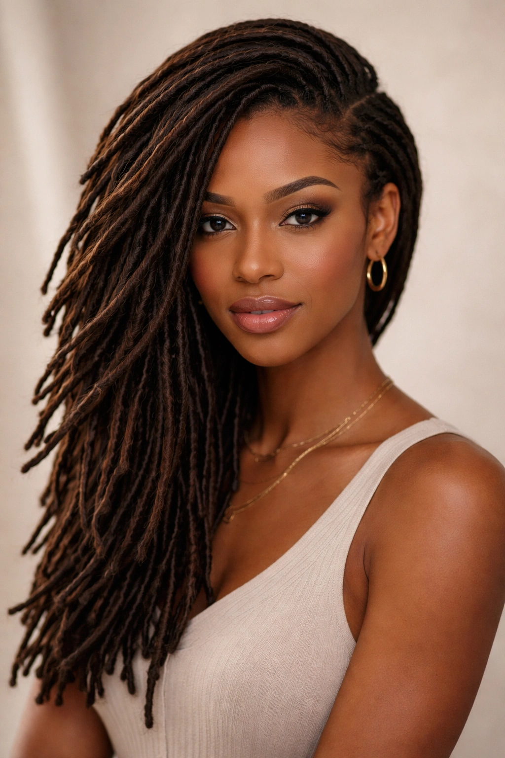 Locs swept to one side creating an elegant side silhouette