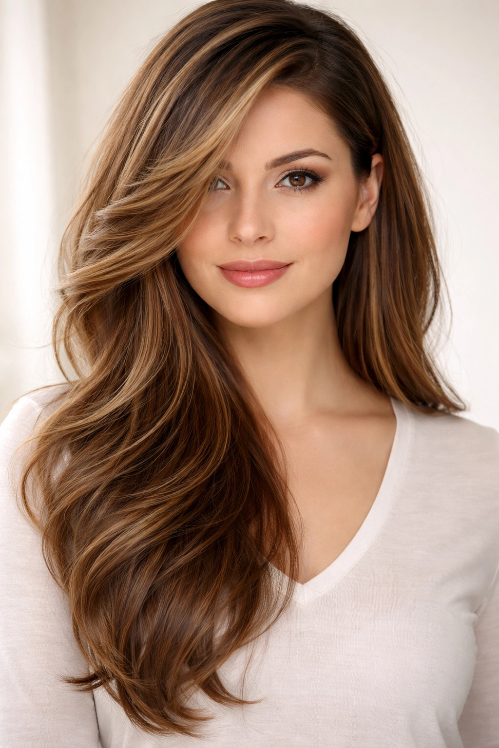 12 Hairstyles Perfectly Suited To A Round Face 6 Long layered hair side-swept with a deep side part