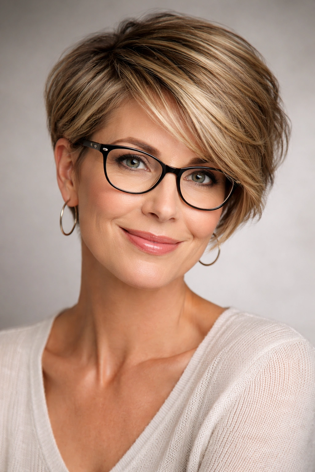 Side-swept long pixie hairstyle with glasses