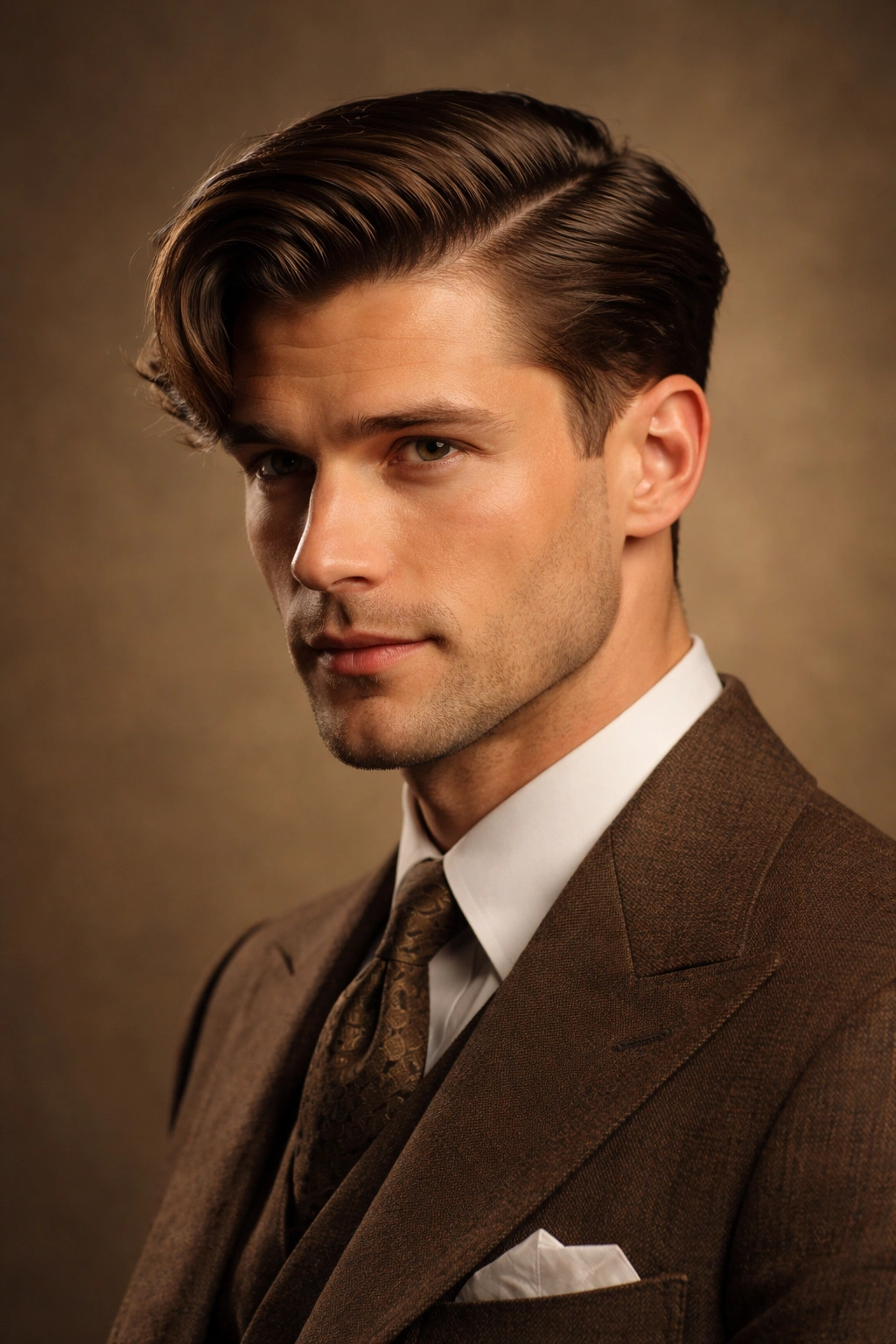 Portrait of man with longer top side-swept look and subtle waves