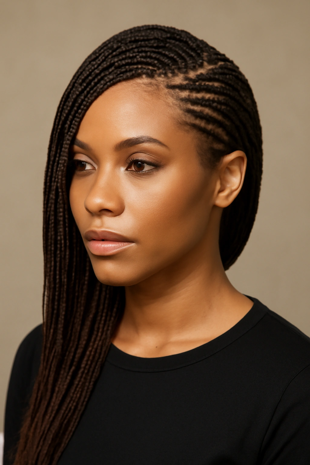 Diagonal sweep of micro braids across one side of the head