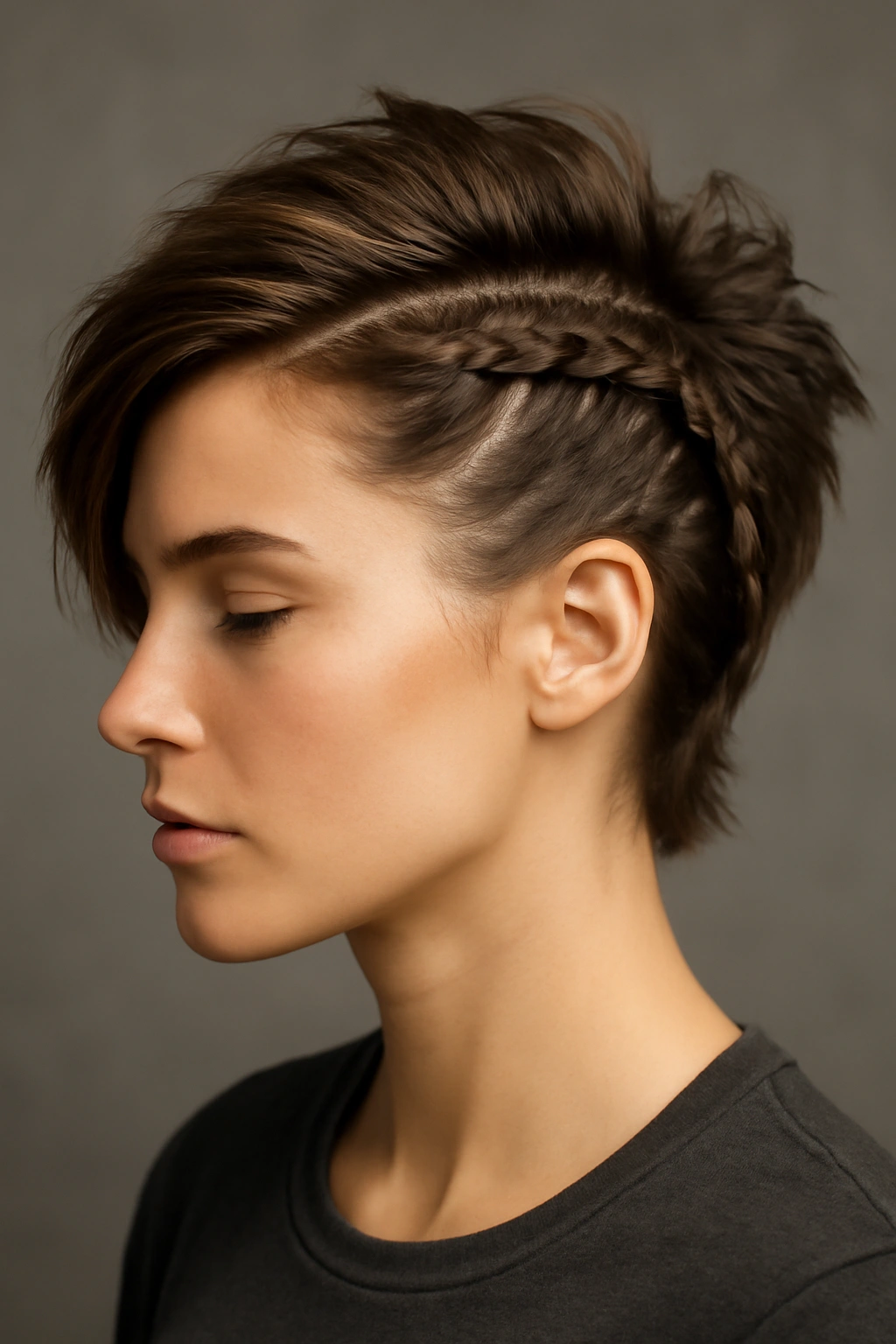 Diagonal side-swept mohawk braid on layered short hair
