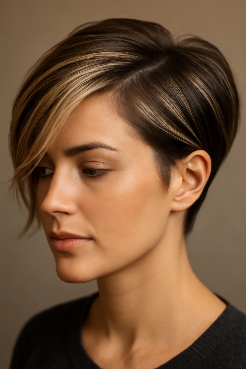 10 Short Haircuts With a Money Piece That Pop 9 Side-swept short cut with directional money pieces in studio lighting