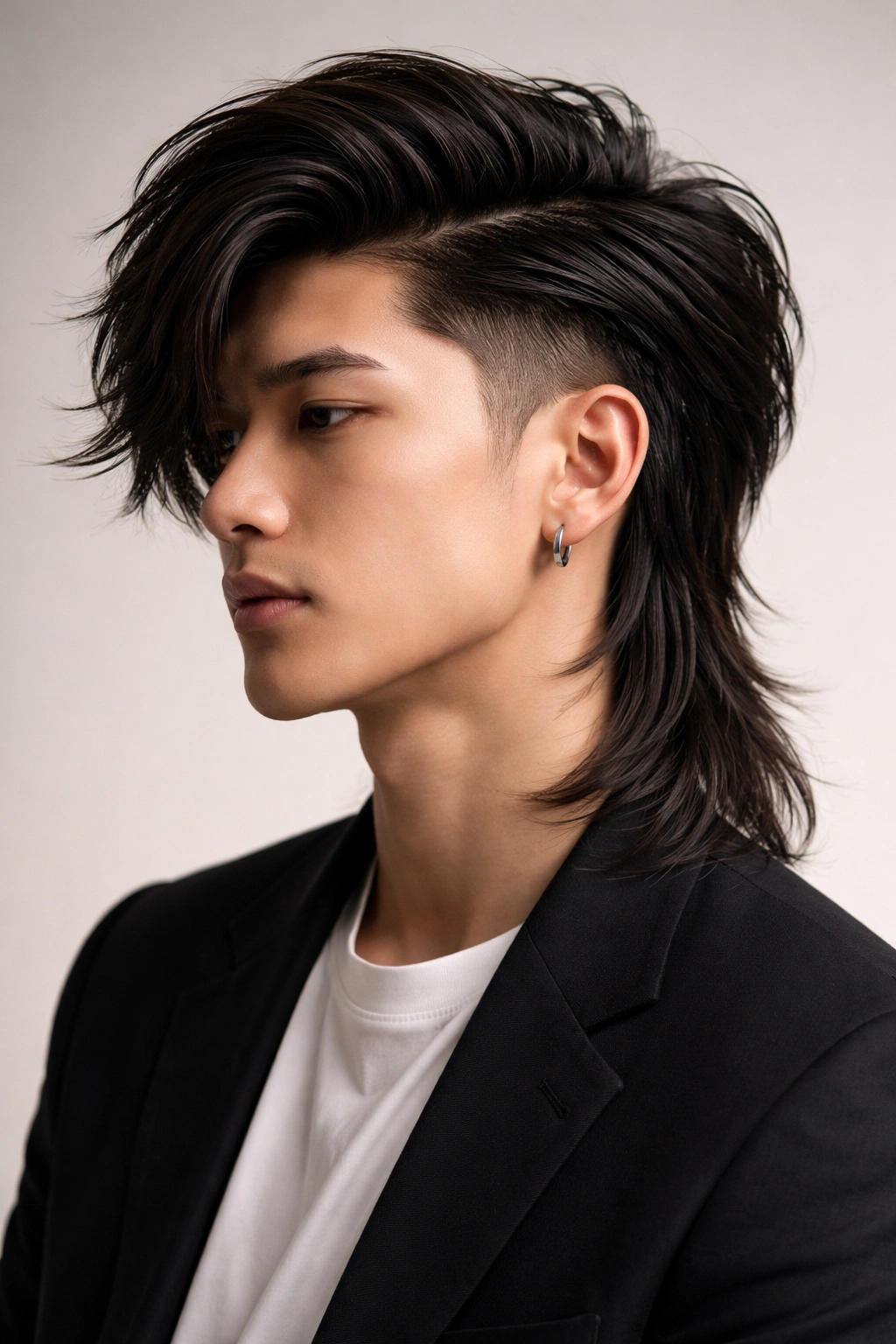 Side-swept mullet with long top swept to the side and short sides, captured in three-quarter view