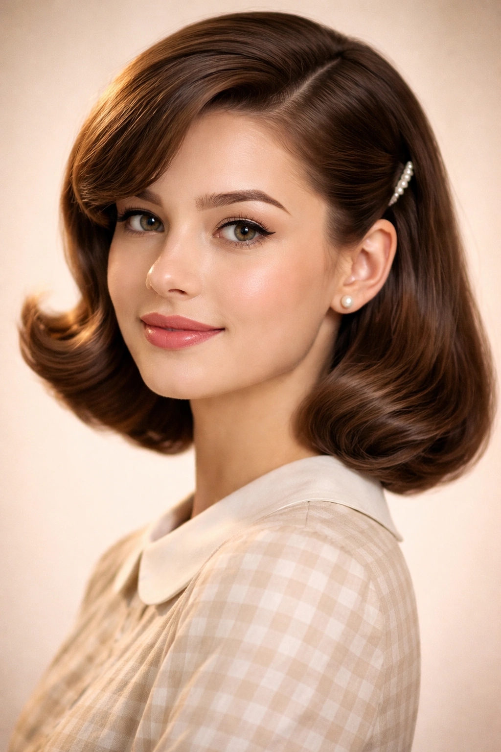 Side-swept pageboy hairstyle with inward-curled ends