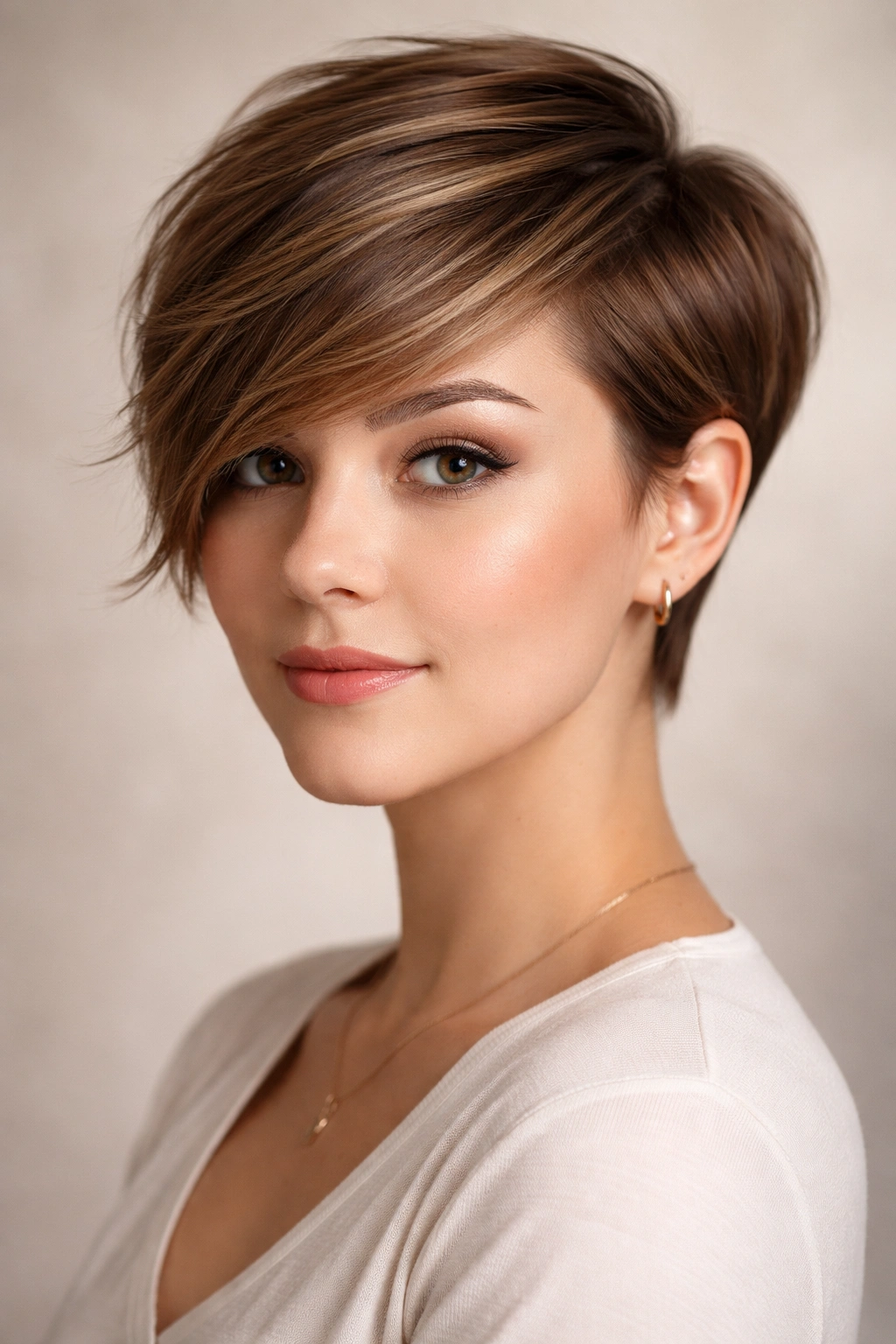 Side-swept pixie with one long swept side and shorter opposite side
