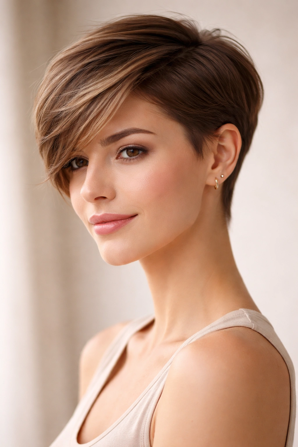 Portrait of a pixie with one very short side and a longer, swept side.