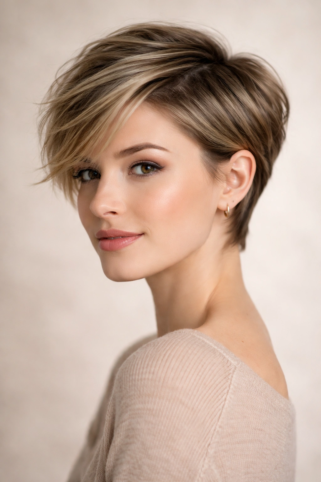 Portrait of a side-swept pixie cut with longer pieces swept to one side