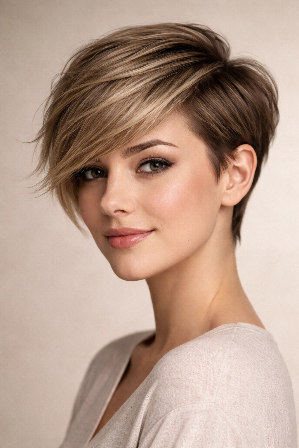Side-swept longer pixie with a dramatic diagonal sweep