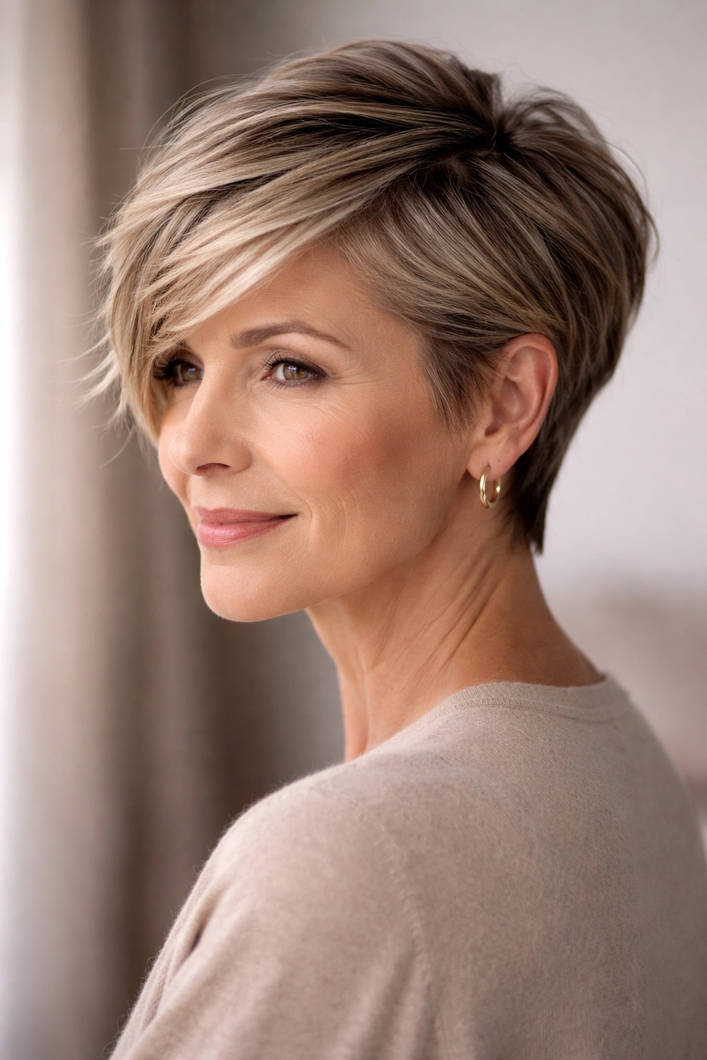 Side-swept longer pixie hairstyle with top length swept to one side