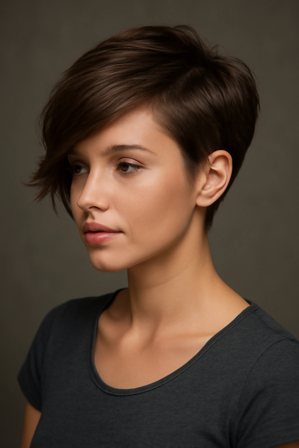 Portrait of a woman with a side-swept pixie and a longer top piece
