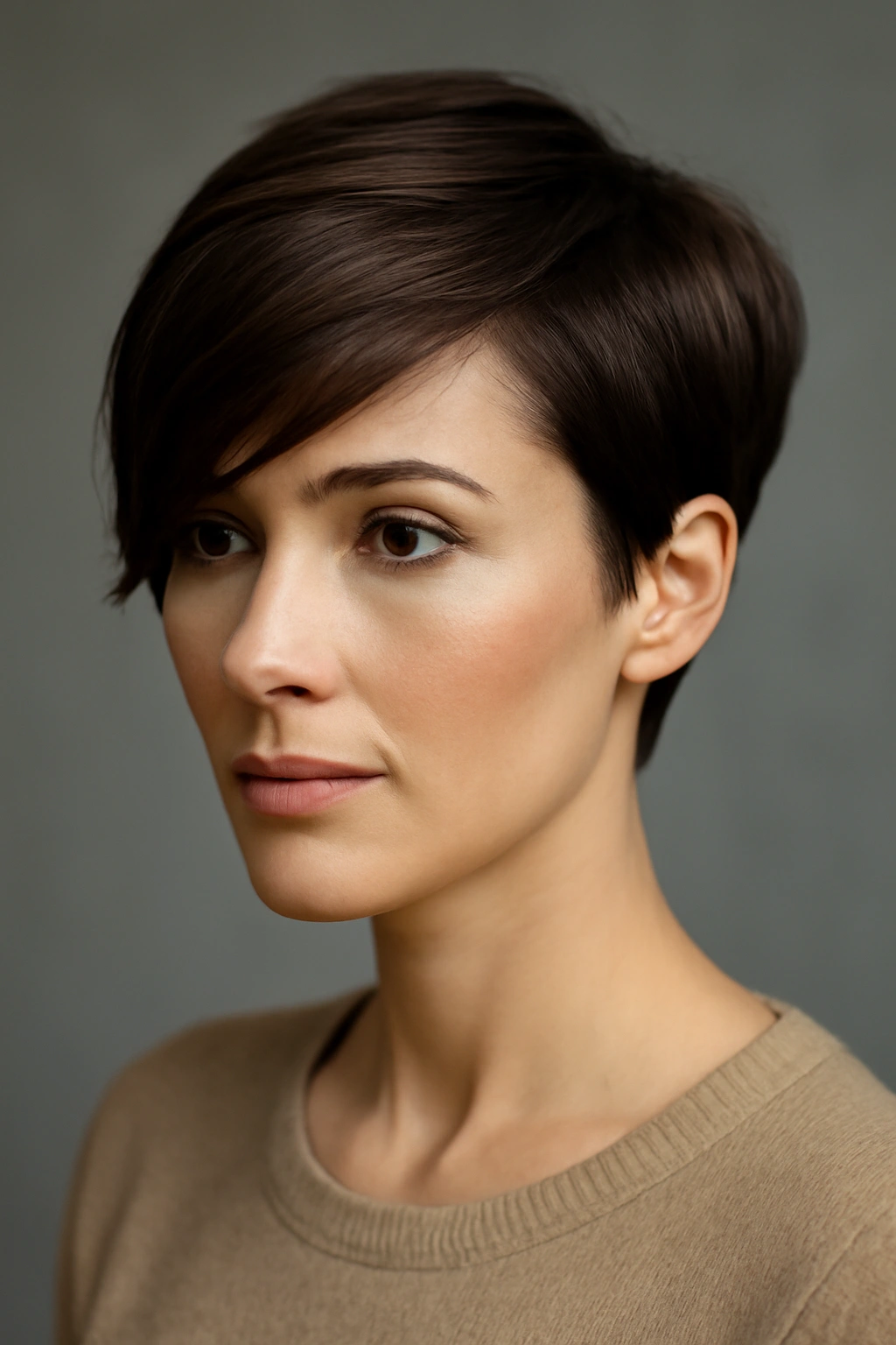 12 Short Haircuts Shaped For A Diamond Face 4 Close-up of The Side-Swept Pixie with dramatic side part and soft cheek coverage.