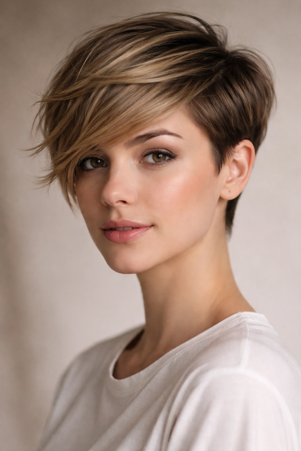 20 Short Pixie Haircuts That Practically Style 3 Portrait of a person with a side-swept pixie showing asymmetrical long and short sides