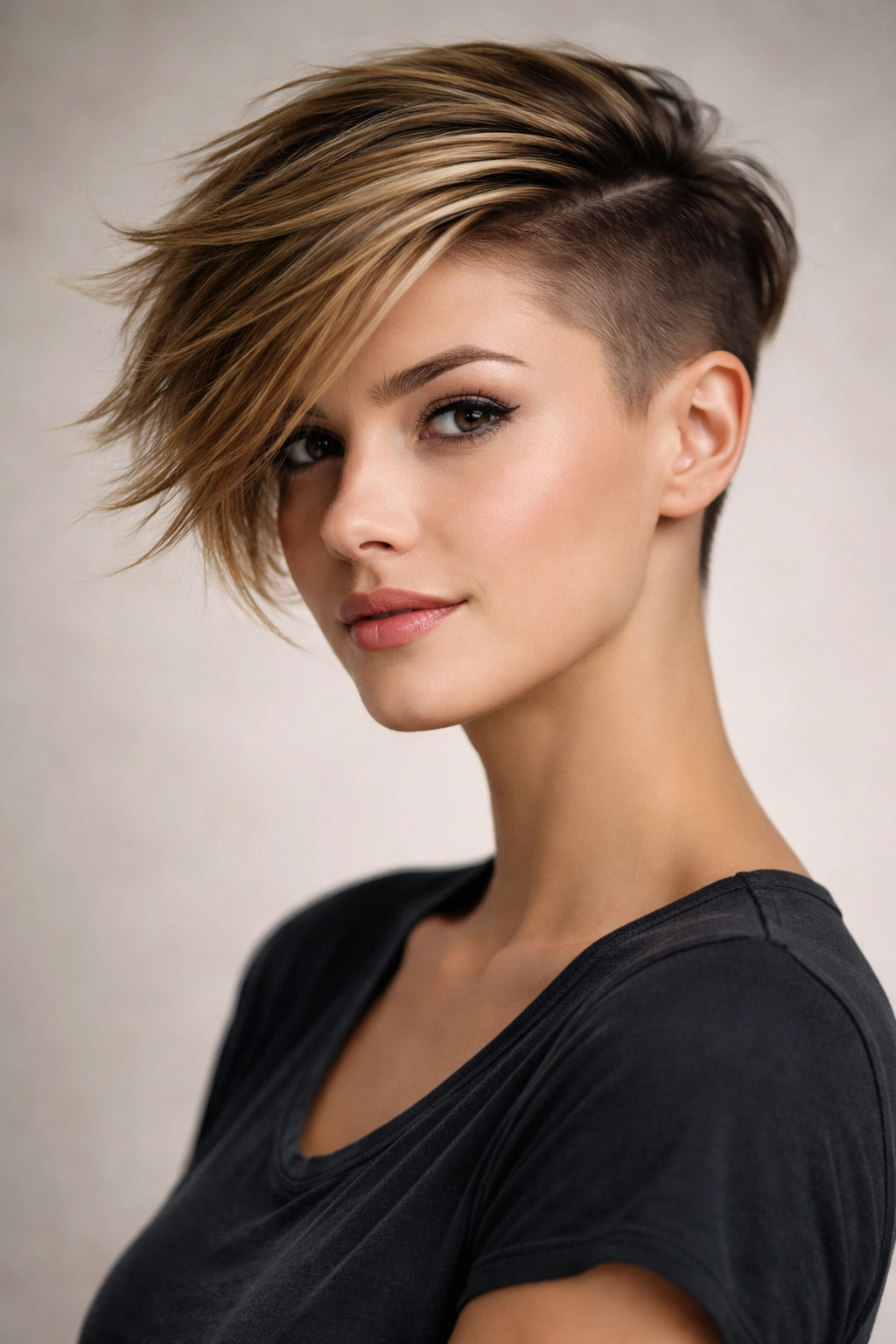 Asymmetrical side-swept pixie showcasing movement and contrast