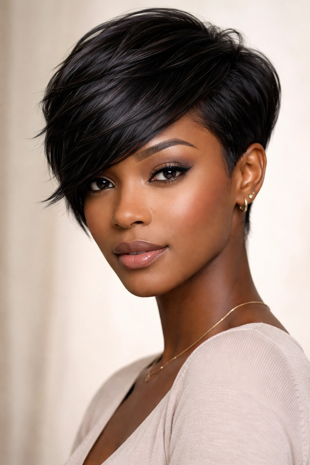 Portrait of a Black woman with a side-swept pixie and asymmetrical longer side.