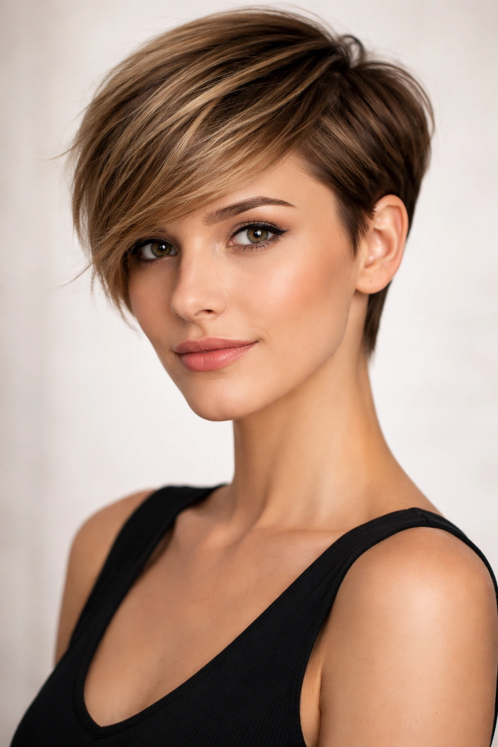 Asymmetrical side-swept pixie with longer sweep on one side and a cropped opposite side