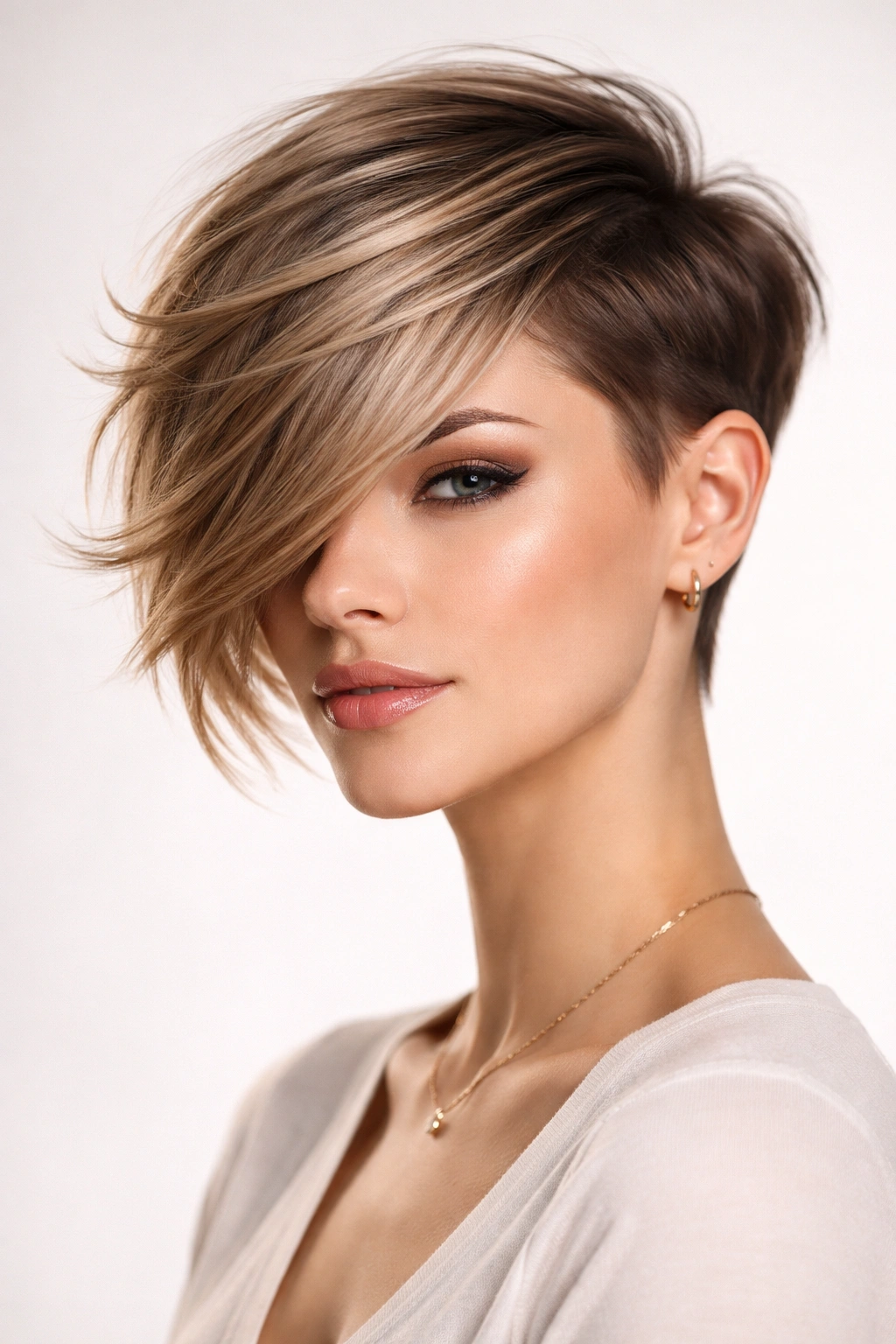 Side-swept pixie with asymmetrical long side swept across the head.