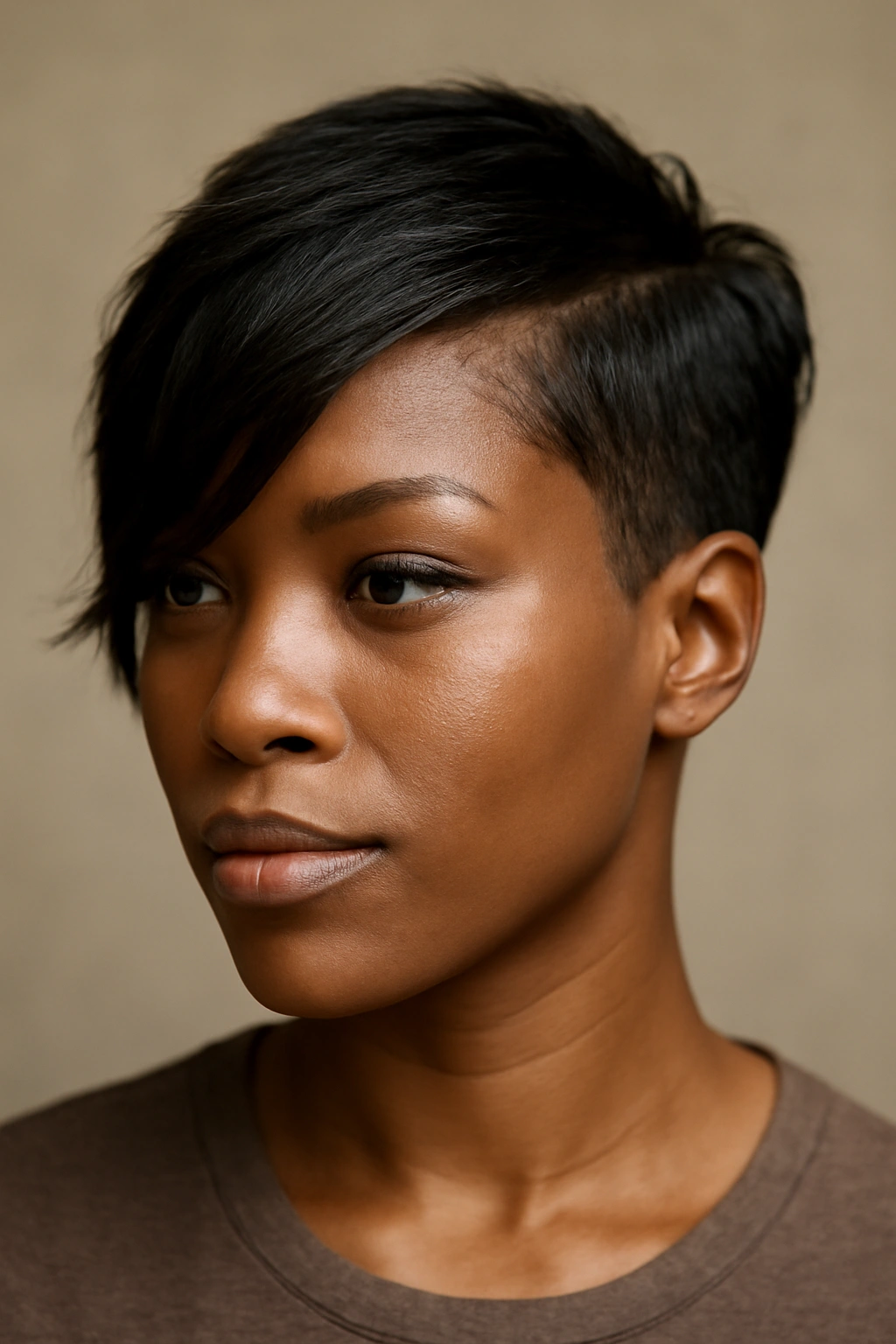 20 Short Haircut Ideas Every Black Woman Should Save 5 Portrait of a person with a side-swept pixie showing asymmetrical length