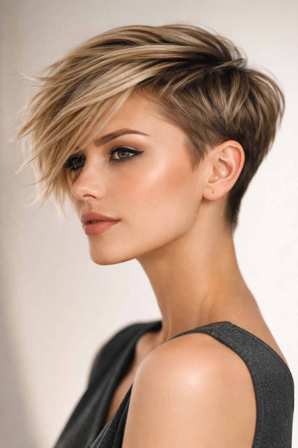 Side-swept pixie with directional texture and asymmetry.