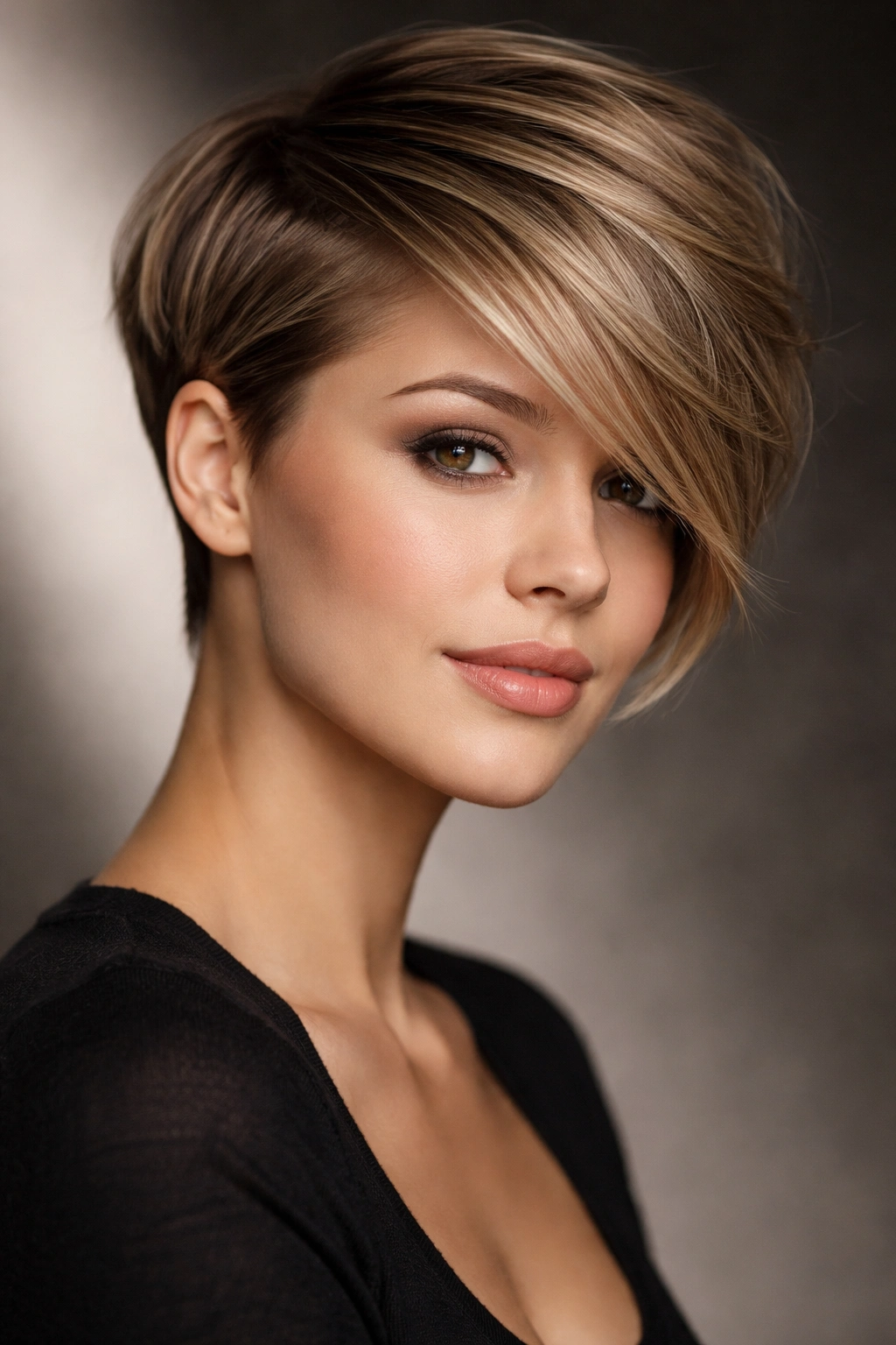 Side-swept pixie with long front pieces sweeping to one side