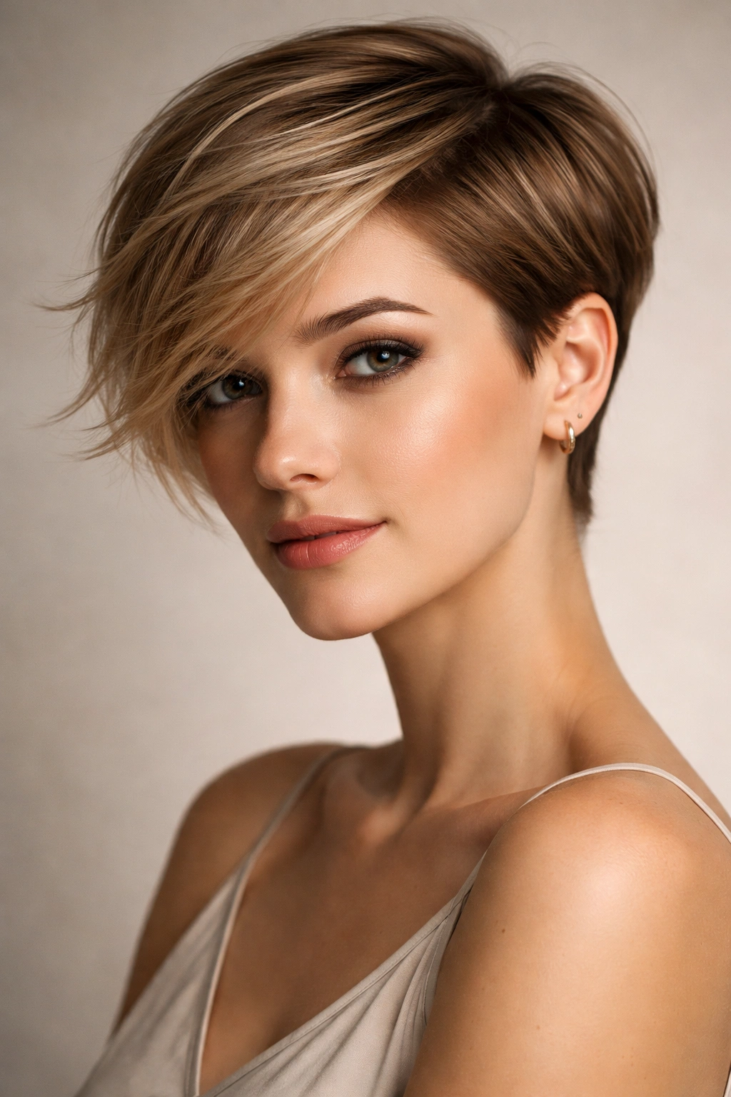 Portrait of a person with a side-swept pixie showing asymmetrical length and dramatic sweep